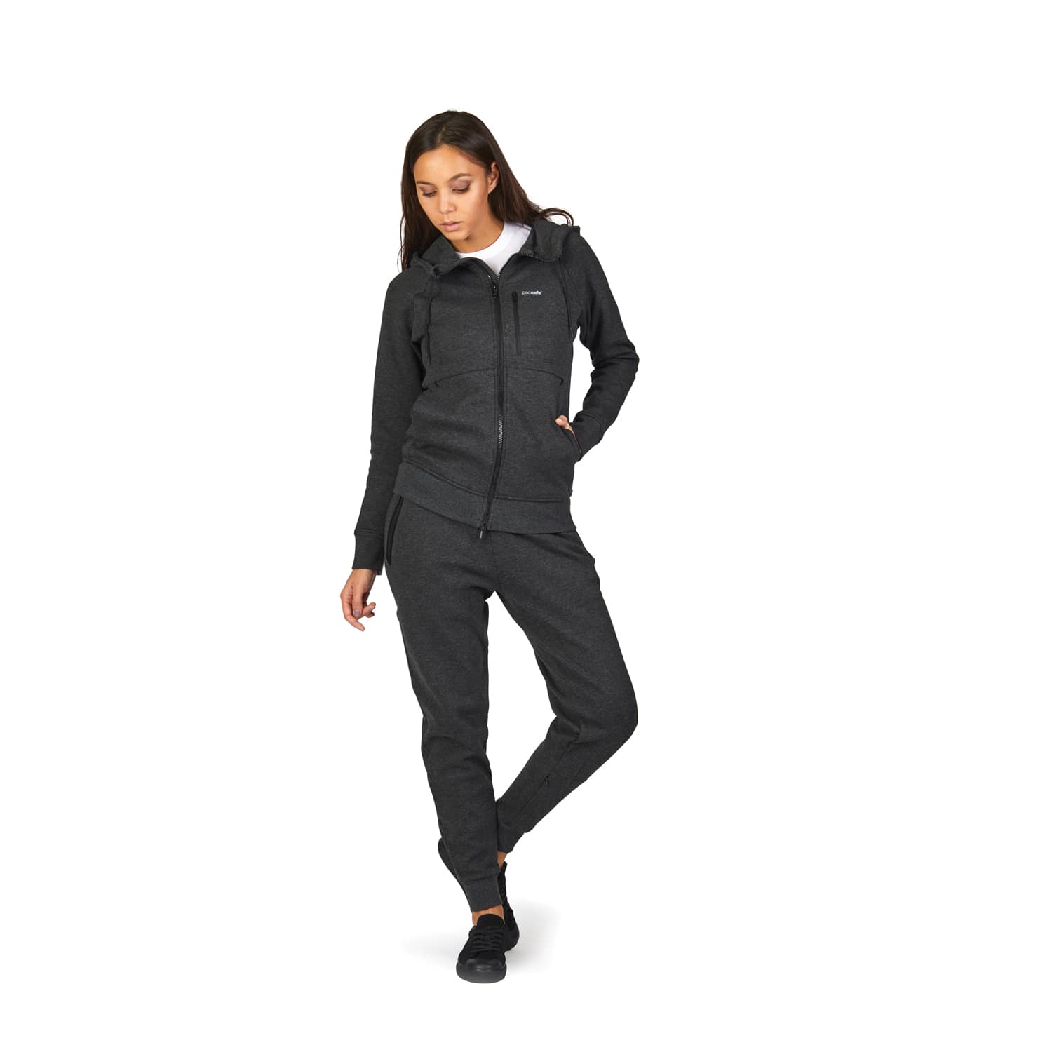 Transit RFID Women's Multi Pocket Travel Hoodie, Heather Charcoal