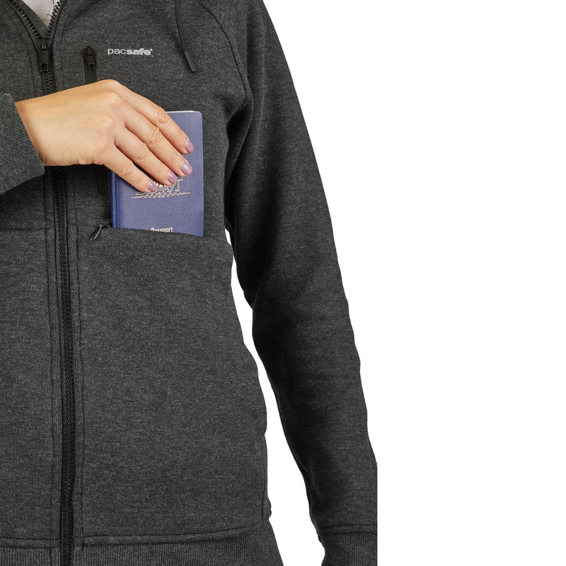 Transit RFID Women's Multi Pocket Travel Hoodie, Heather Charcoal